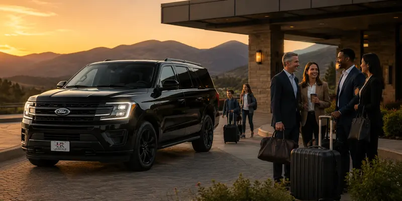 Ford Expedition with the official Lavish Ride logo welcoming business travelers and families with luggage outside a luxury hotel at sunset.